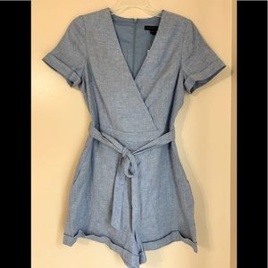 Banana Republic Womens Sz 6 Linen Cotton Blend Wrap Romper Blue Recycled Paper